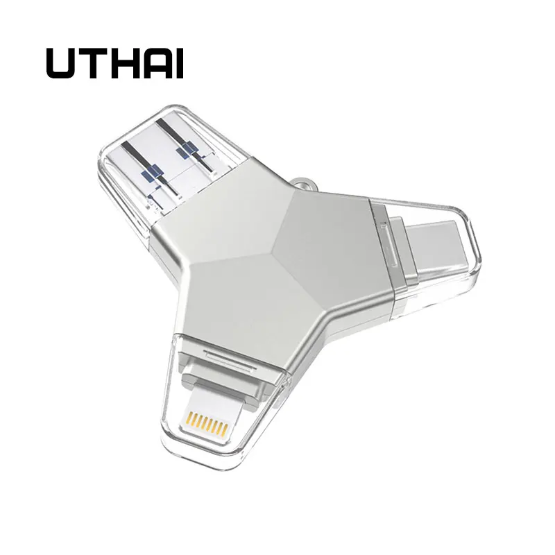 UTHAI T82 USB3.0 металлический флеш-накопитель 4в1 для iPhone, флеш-накопитель type-c/Lightning/MicroUSB/USB3.0, металлический u-диск 64 ГБ 32 ГБ 128 ГБ