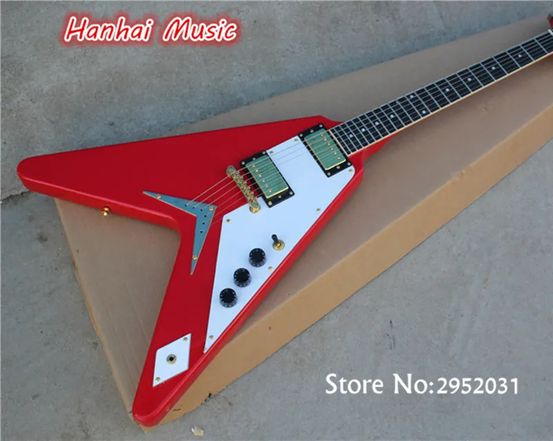

Free Shipping-Electric Guitar with Flying V Red Body,Gold Hardware,String-thru-body Design,White Pickguard,can be Customized