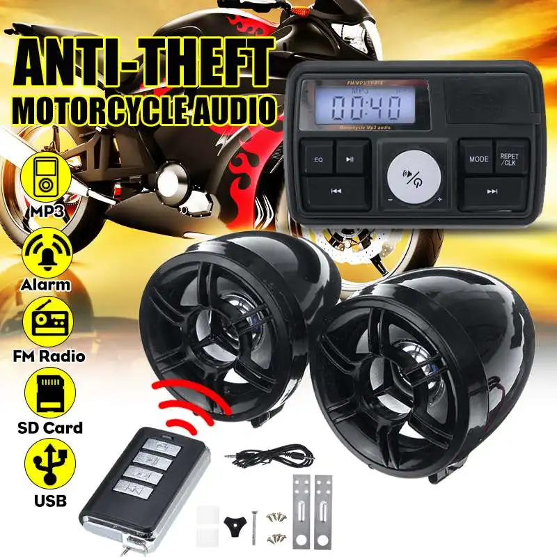 

Motorcycle Audio Waterproof Anti-theft Alarm System Stereo Sound Speaker FM Radio MP3 Player Music Amplifier with Remote Control