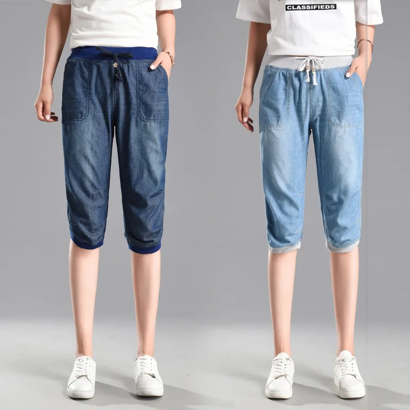 

2019 Summer Thin Section Tencel Jeans Female Large Size Elastic Waist Loose Feet Seven Pants