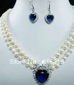 

ddh0479 7-8mm White Pearl Blue Crystal Pendant Necklace+Earring