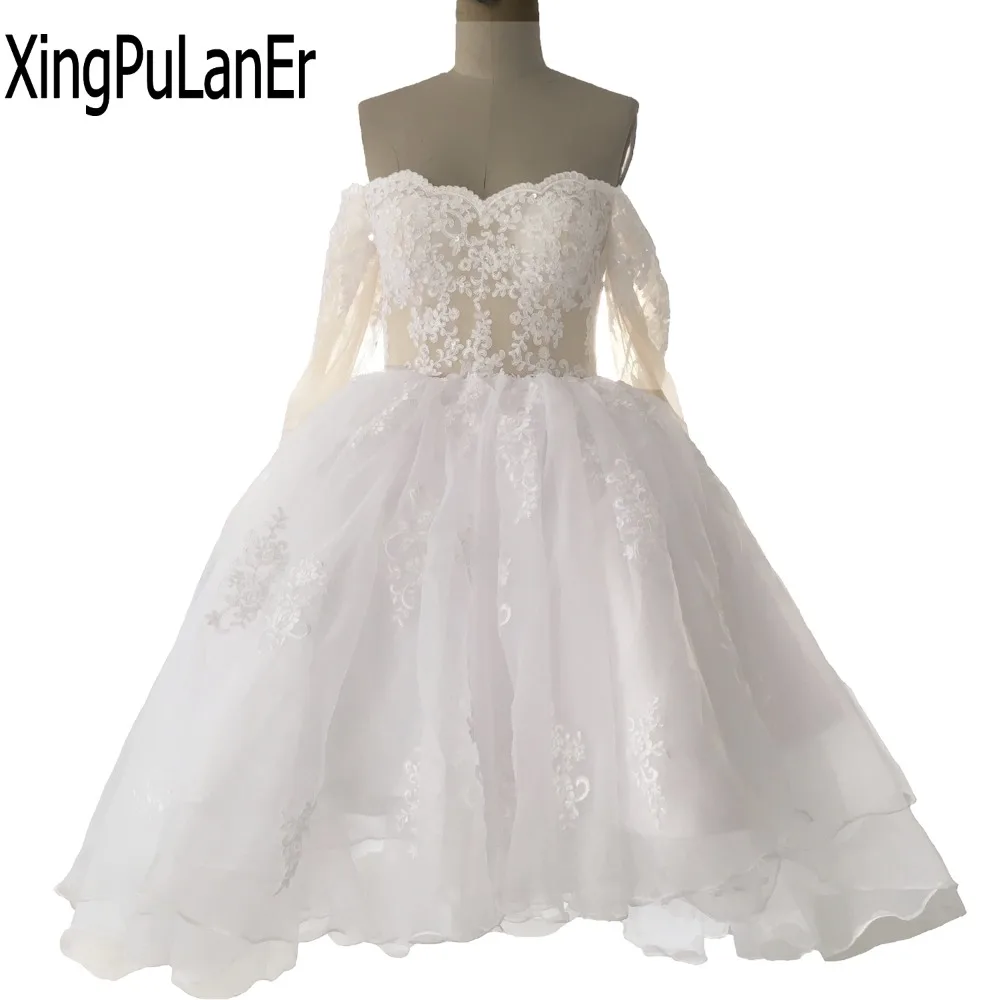 

XingPuLanEr Off The Shoulder Lace Appliqued Mini Short Wedding Dress Long Sleeve Off The Shoulder Lace Up Bridal Gown Plus Size