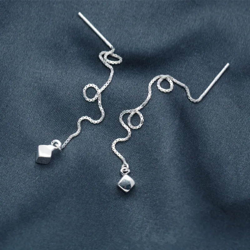 Dangling Mini Squares Ear Chain Thread Earrings Sterling Silver Jewelry