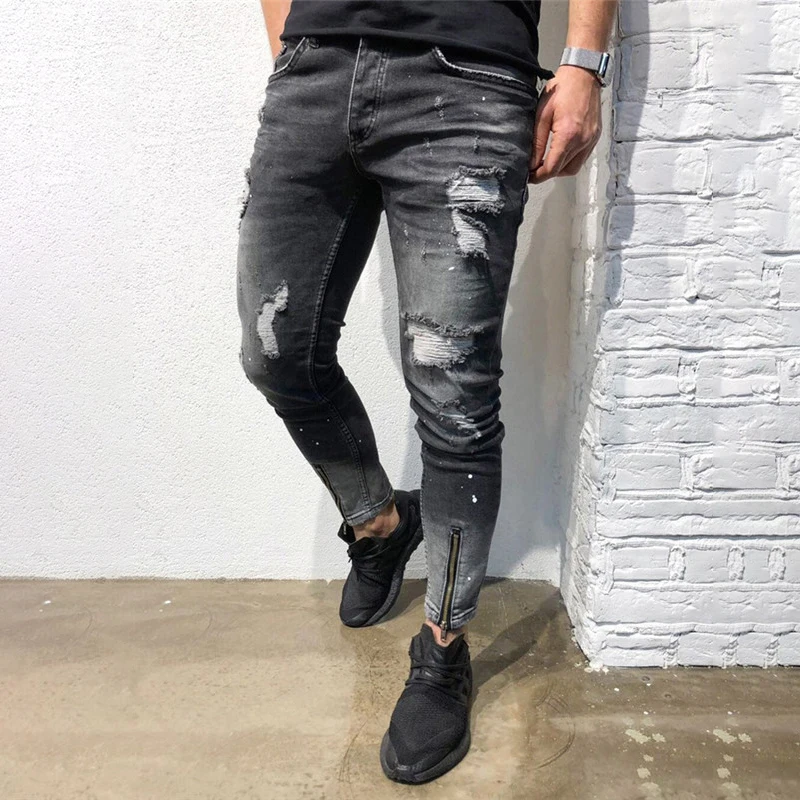 New Men Ripped holes jeans Zip skinny biker jeans black jeans with Pleated patchwork slim fit hip hop jeans men pants