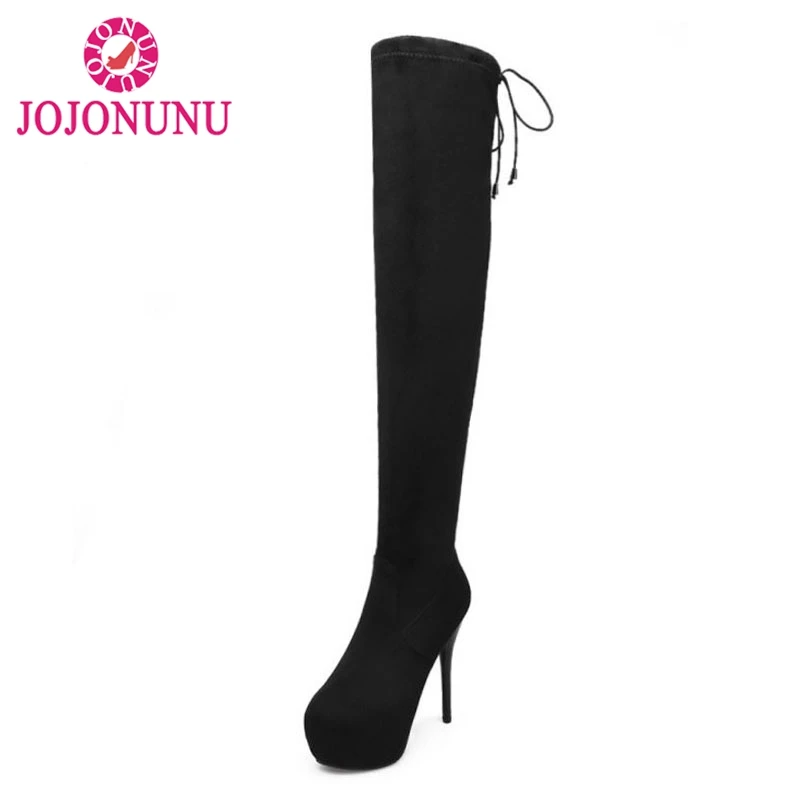 

FITWEE Fashion Women High Heel Boots Platform Warm Fur Winter Shoes Women Lace Up Stretch Boots Ladies Footwear Size 31-43