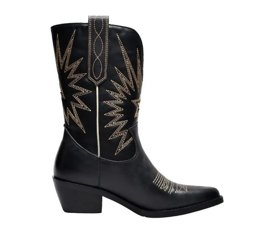 Prova Perfetto Chic Lady New Autumn Winter Mid-calf Boots Short Pointed Toe Bootie Embroidery Slip on V-mouth Martin Boot