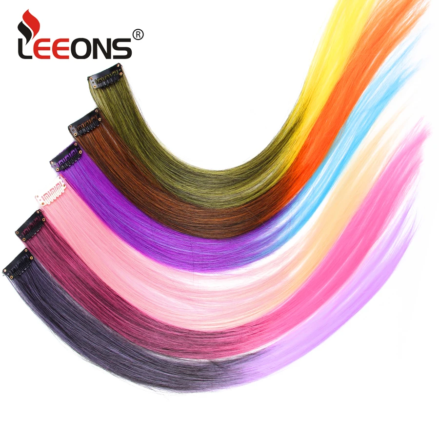 Leeons Colored Highlight Synthetic Hair Extensions Clip In One Piece Color Strips 20\ Leeons Colored Highlight Synthetic Hair Extensions Clip In One Piece Color Strips 20\
