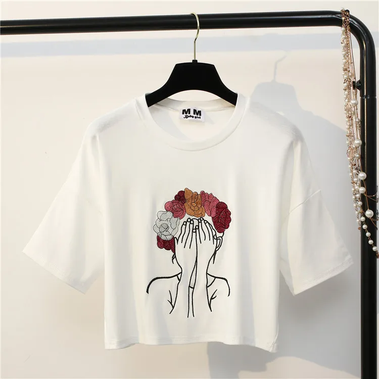 Merry Pretty/Новинка; стильная женская футболка в стиле Харадзюку; футболка с вышивкой; милая хлопковая Футболка; Забавный летний укороченный топ для девочек - Цвет: Белый
