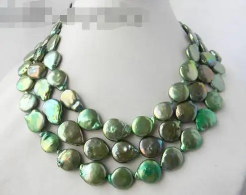 

Free shipping hot sale Women Bridal Wedding Jewelry >>3Strands 15mm Green Coin Freshwater Pearl Necklace