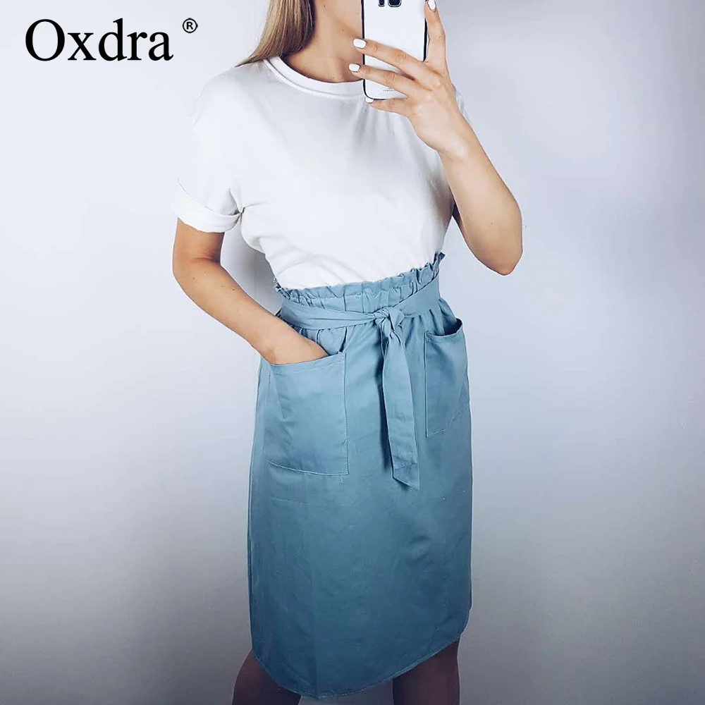 

Oxdra High Waist Lace up Skirts Big Pockets A-Line Casual Ladies Bottoms Stylish Female Skirts 2019 Spring Summer