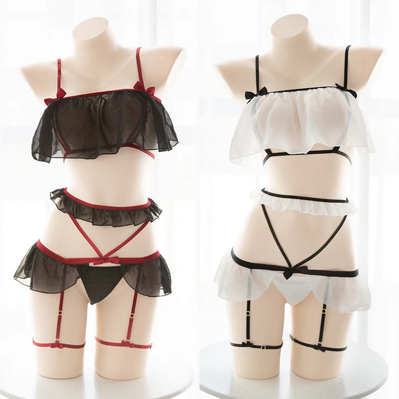 

Sexy Women Hollow Perspective Underwear Set Lolita Cute Rabbit Tail Panties 2 Pcs Set Chiffon Bow Ruffle Lingerie Suit 2 Colors
