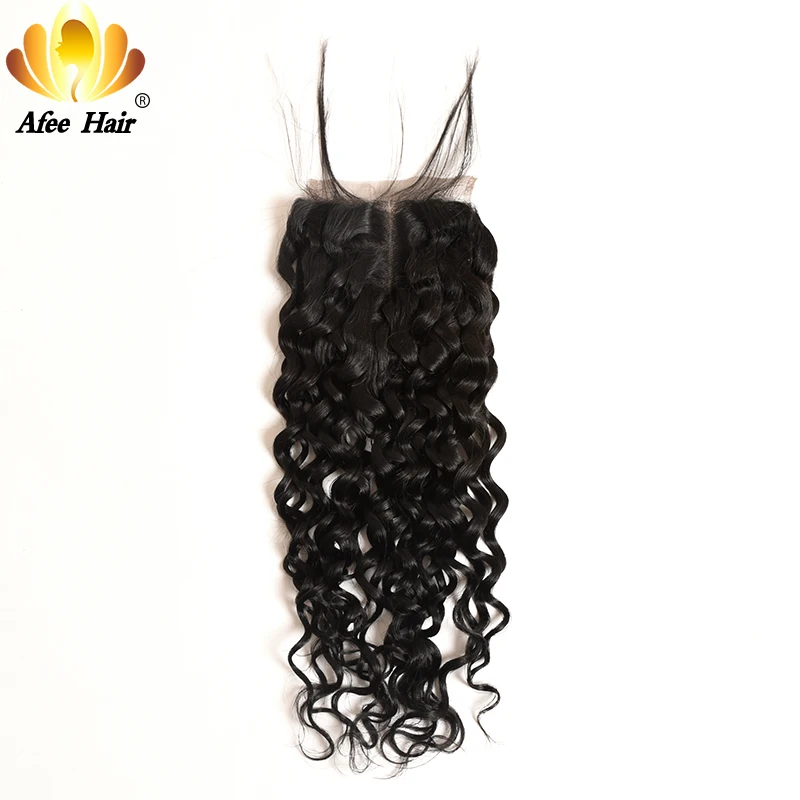 

AliAfee Hair Brazilian Water Wave Middle Part Lace Closure With Baby Hair 4X4 Remy Human Hair 130% Density Natural Color