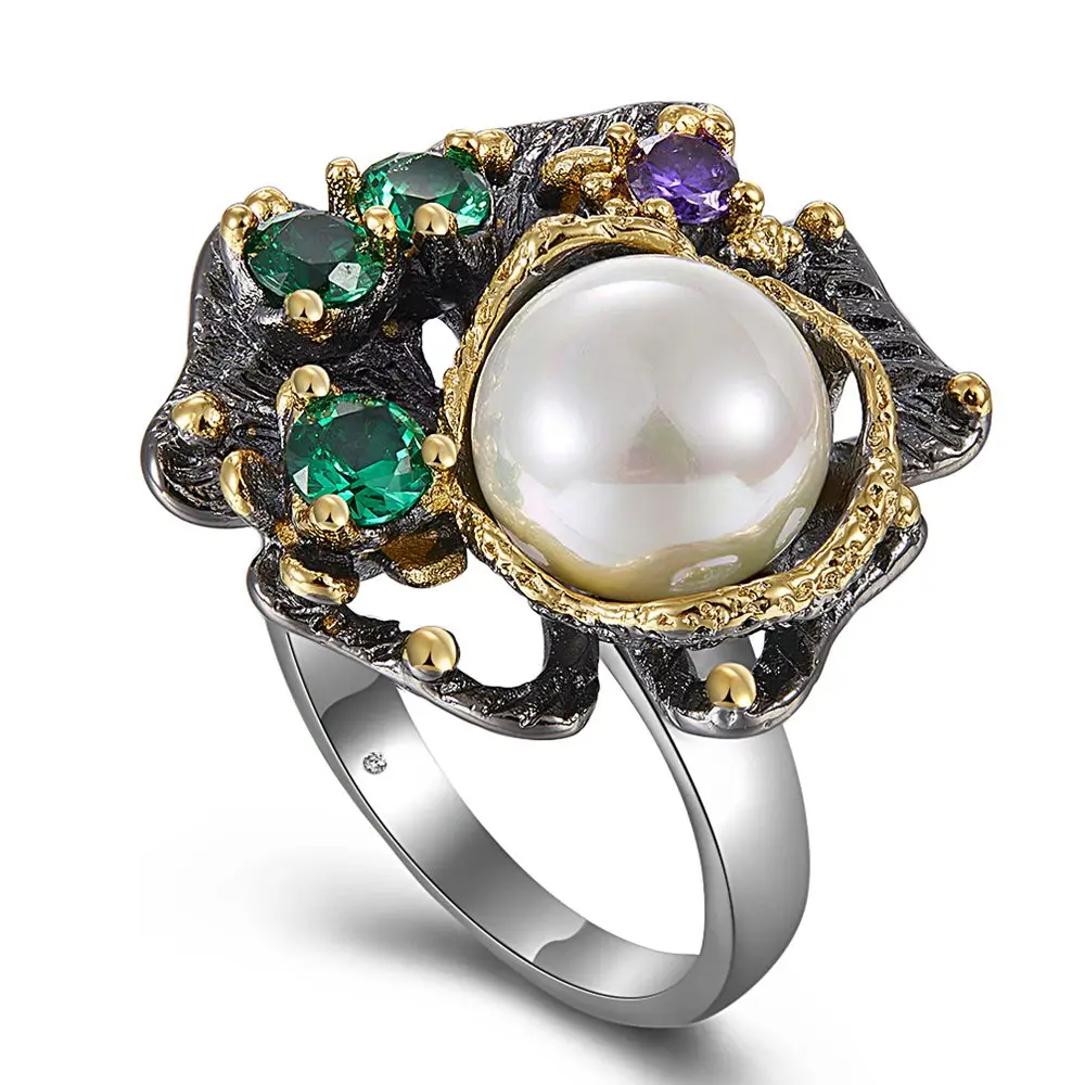 WA11637-2 pearl flower ring women vintage gothic stone jewelry (1)