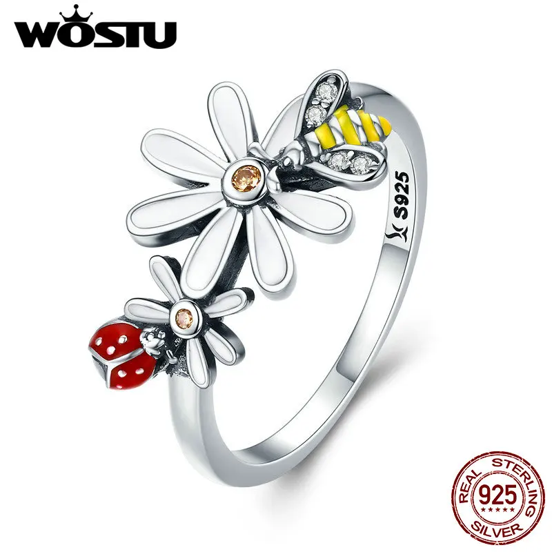 

WOSTU Authentic 925 Sterling Silver Ladybug & Bee in Daisy Finger Rings for Women Fashion Brand Nature Style Jewelry Gift CQR311