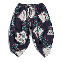 3/4 Свободные Boho Цветочные Брюки с эластичной резинкой на талии, большие размеры 5XL 4XL, Гавайские укороченные мужские повседневные брюки с цветочным принтом, хлопковые XXXXXL