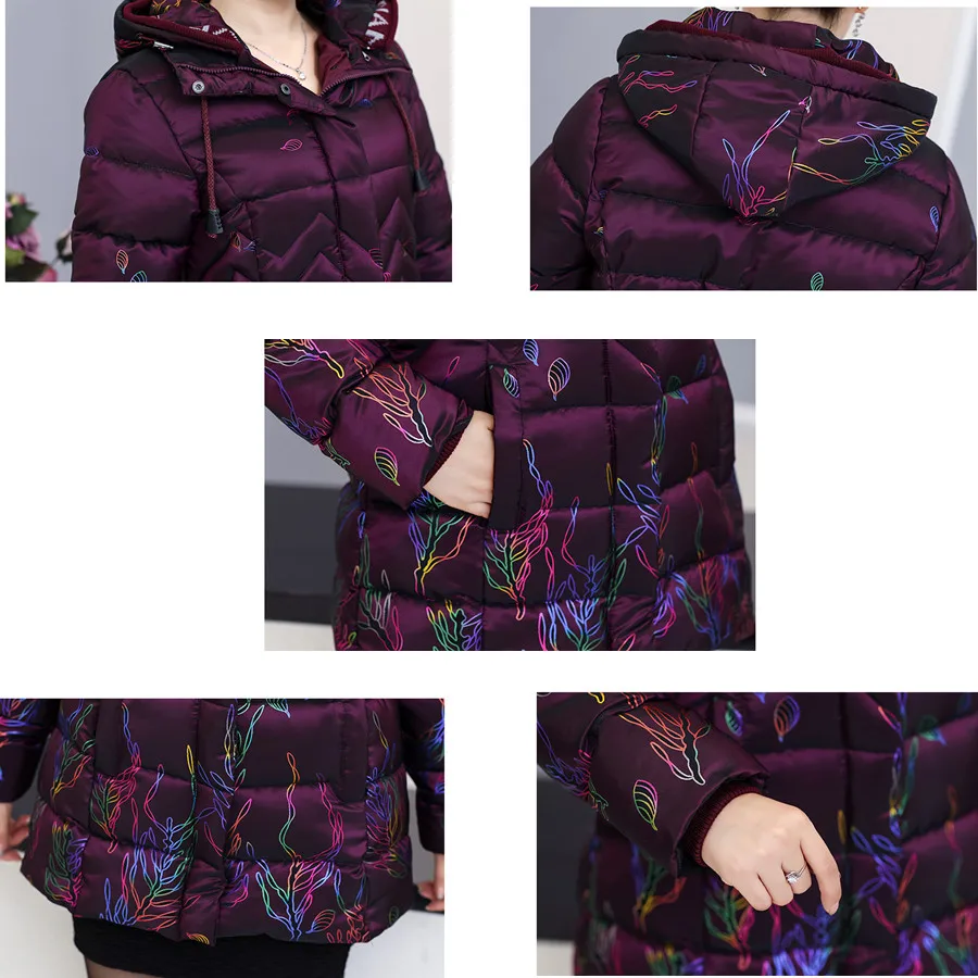 Женская парка для среднего возраста, стеганая куртка, зима, новое пальто для матери, с капюшоном, утолщенная, теплая, с принтом Pteris, ватная куртка