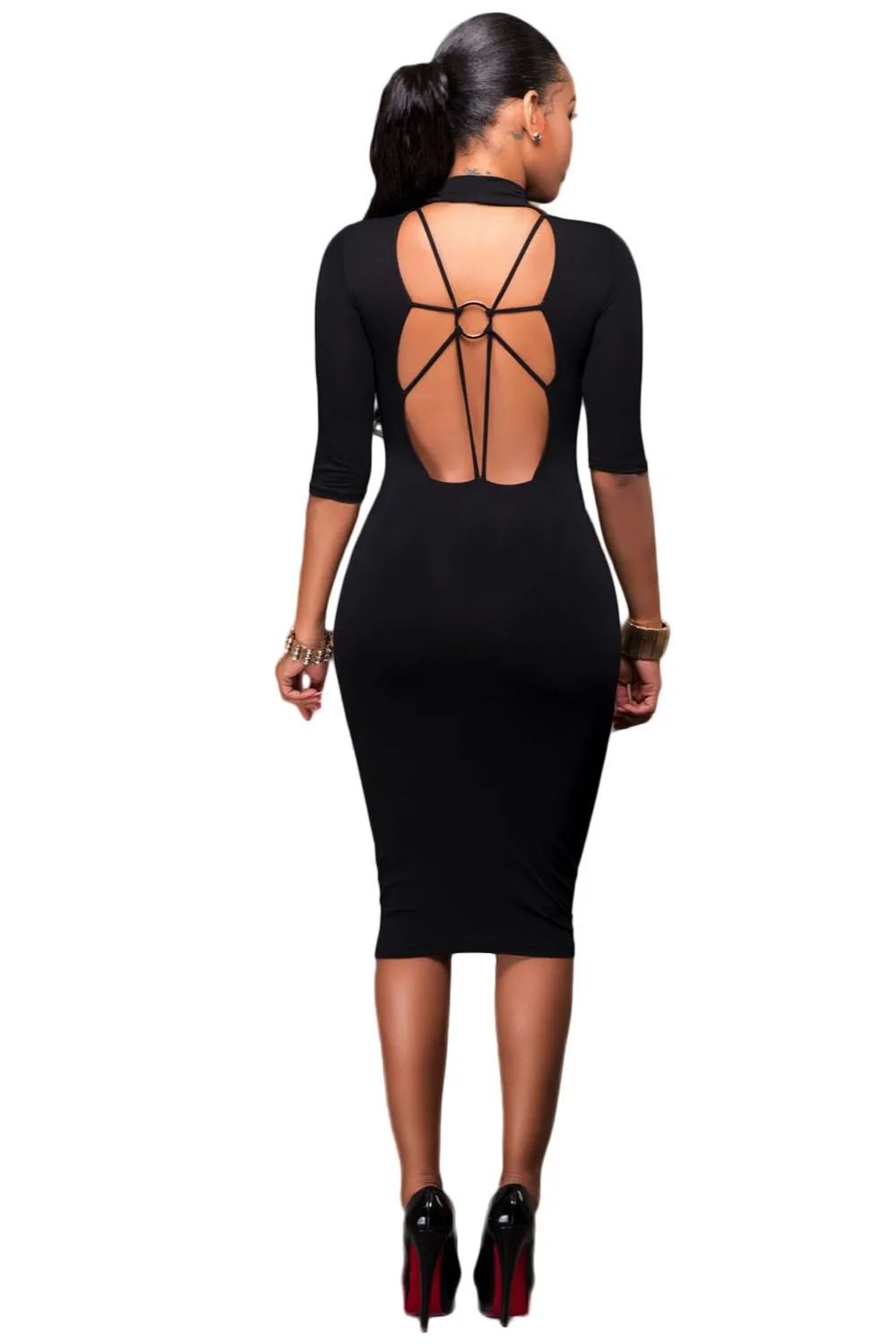 YIRANSHINI Bodycon платья Белый макет шеи o-кольцо акцент сексуальный вырез с рукавом до