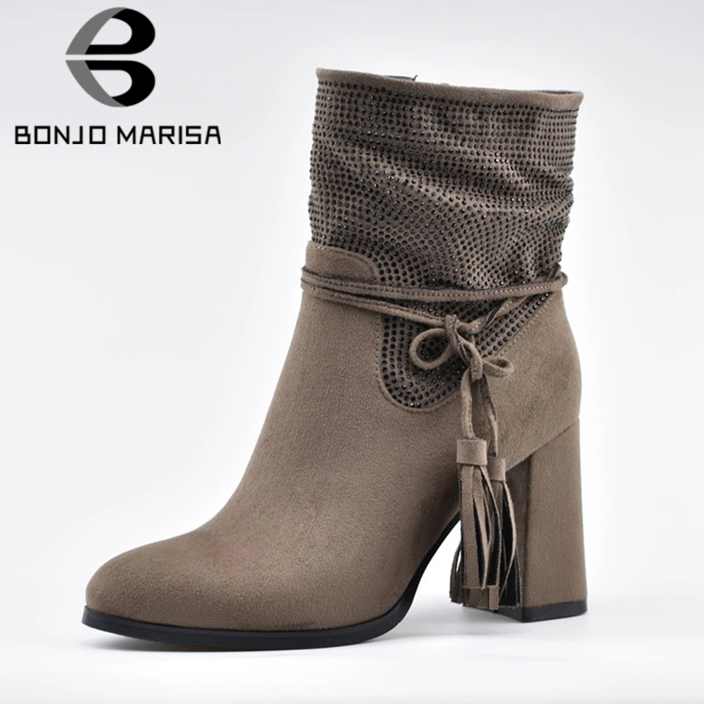 

BONJOMARISA New Square High Heels Crystal Fringe Bowtie Solid Zip Shoes Woman Casual women's Winter Ankle Boots Big Size 34-42