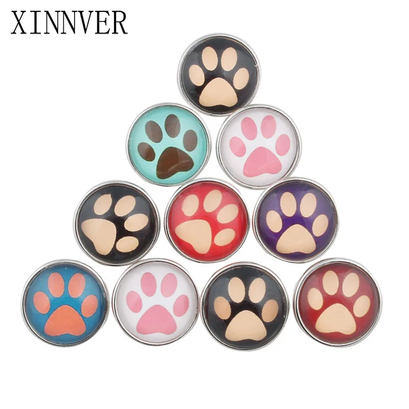 

10 Pcs/lot Beautiful Paw Footprint Snap Button 18MM Round Glass Xinnver Snaps Jewelry Flower Snap Fit Snap Bracelet ZB326