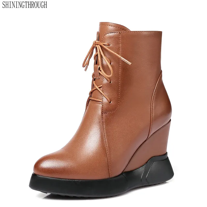 

Genuine leather wedge high heels women shoes woman rouned toe platform boots woman plus size 34-42 black brown