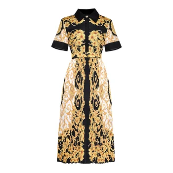 

Luxury Gold Flower Print Women Dress Fashion Turn-Down Collar Pleated Dresses E5419
