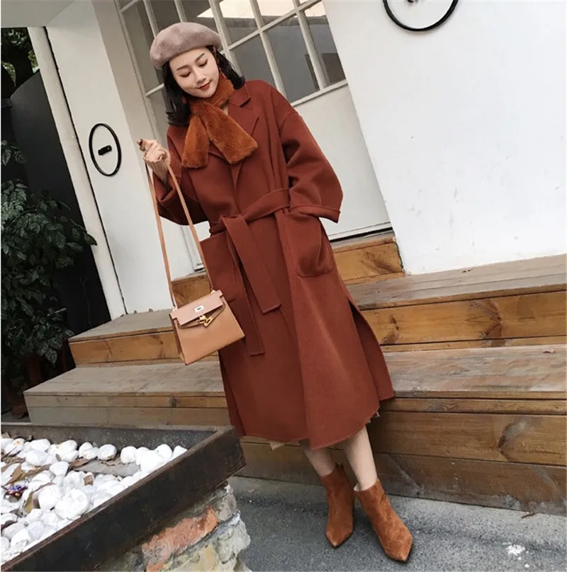 Autumn winter woolen coat women Loose Large size wool coats female Belt slim long Basic coats Both sides of the slit jacket N332