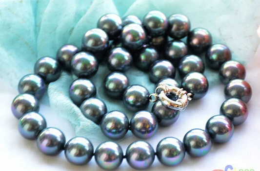 

24" 14mm peacock black round SOUTH SEA SHELL PEARL NECKLACE AAA style Fine Noble real Natural free shipping