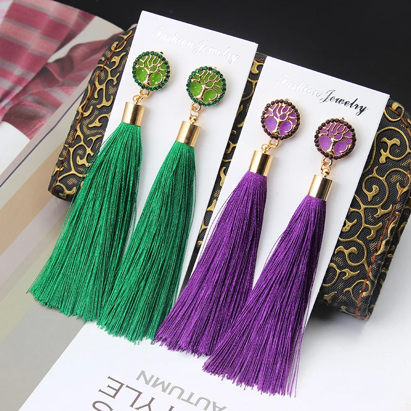 

Bohemian Long Gold Tree of Life Tassel Drop Earrings for Women Ethnic Crystal Silk Fabric Dangle Earring 2019 Fashion Jewelry