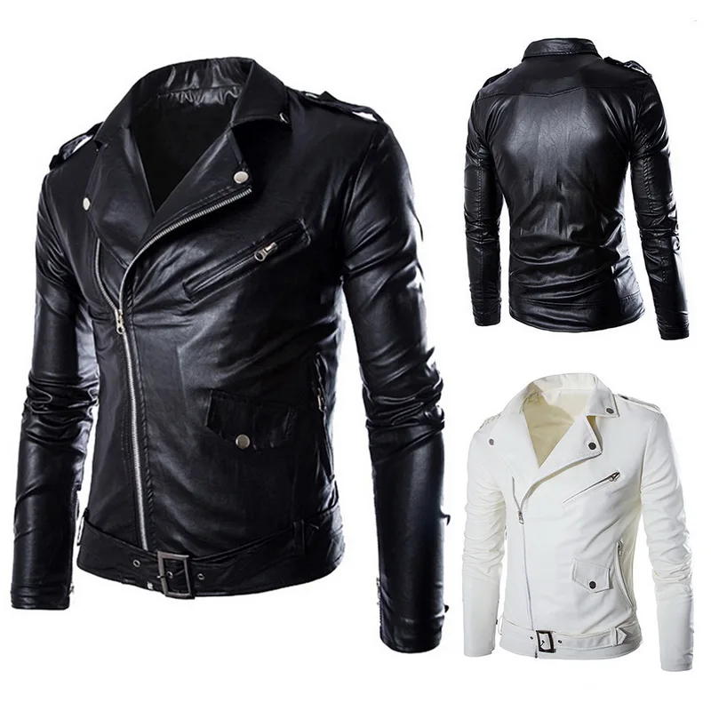 Брендовая Осенняя Весенняя повседневная кожаная куртка на молнии, мотоциклетная кожаная куртка, облегающие мужские куртки и пальто черного и белого цвета