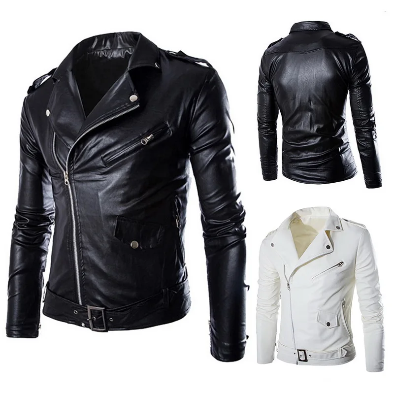 

2018 Brand Autumn Spring Casual Zipper Leather Jacket Motorcycle Leather Jacket Slim Mens Jackets And Coats Black White