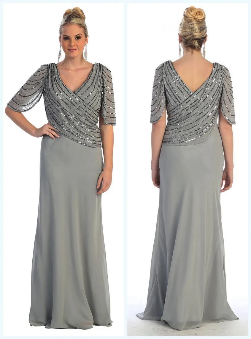 New vestido de madrinha 2016 Plus size Elegant Gray Half Sleeve Chiffon V-Neck Beaded Wide-waisted mother of the bride dresses | Свадьбы и