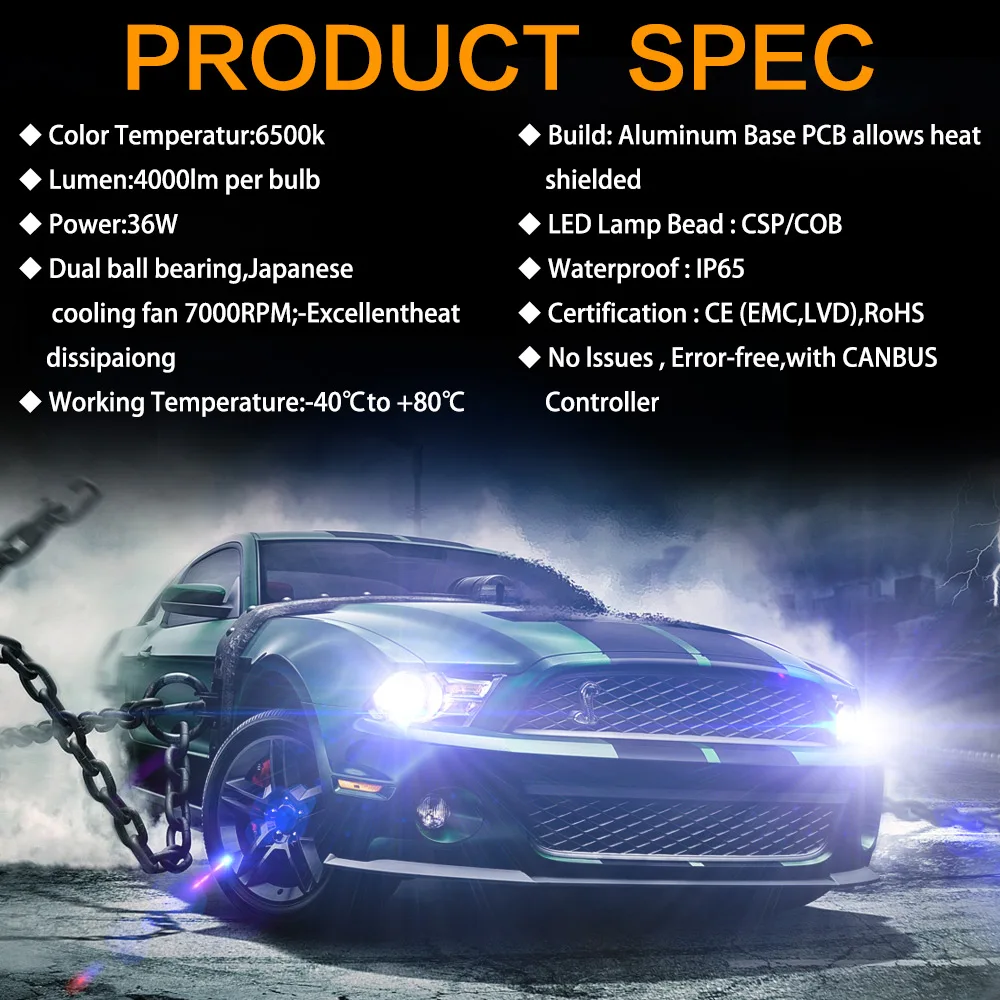 2Pcs LED Car Headlights H4 H7 H11 H1 9005 9006 12V 72W 8000Lm 6500K CSP Chips Super Bright Fog Lights Bulbs for Automobiles HB3