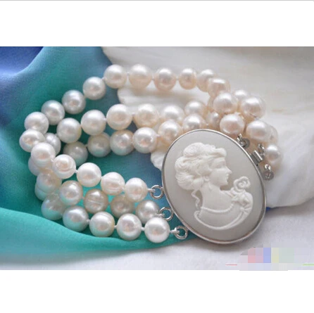 

Free shipping >>>>>>P4053 3row 8" 10mm WHITE ROUND FRESHWATER PEARL BRACELET