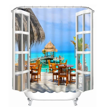 

3D Shower Curtains Beach Leisure Vacation landscape Pattern Bathroom Curtain Waterproof Washable Bath Curtain Bathroom Products