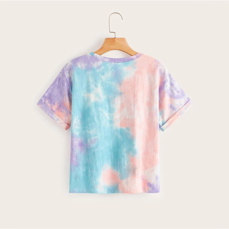 ROMWE, разноцветная футболка с надписью Tie Dye, женская летняя футболка, круглый вырез, короткий рукав, футболки в стиле бохо, Повседневная Уличная одежда, топы