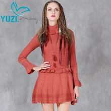 Зимнее женское платье Yuzi. may Boho Новое хлопковое шерстяное платье трапециевидной формы с высоким воротом и оборками комбинированное вязаное платье A8176