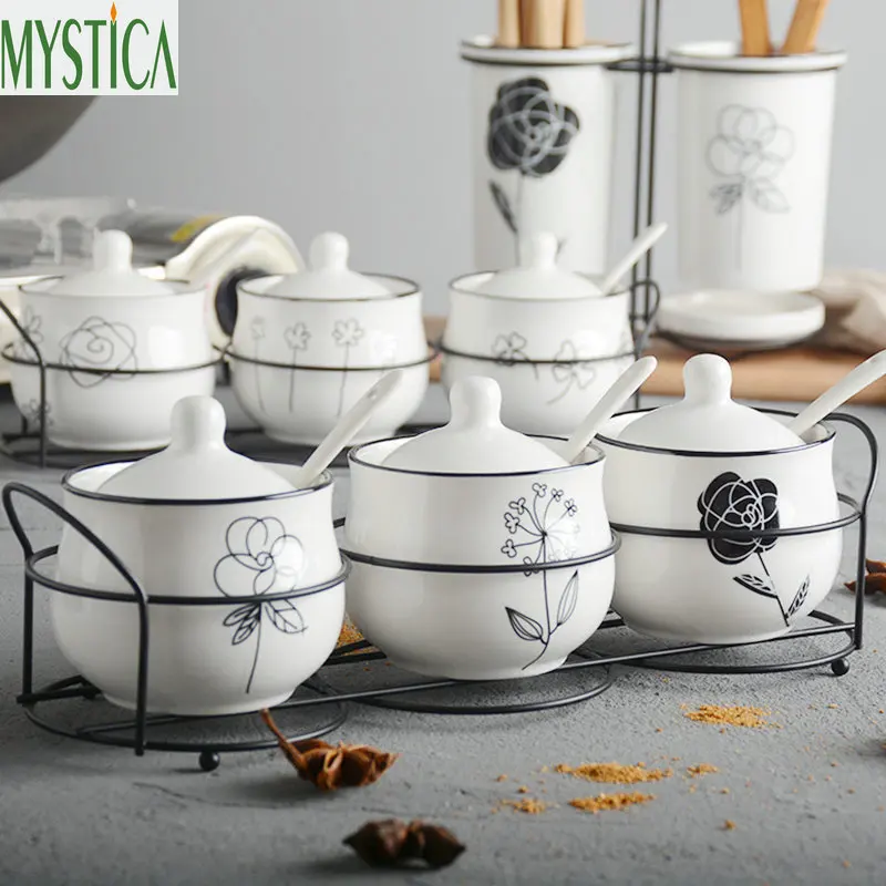 

Kitchen Seasoning Storage Box Home Ceramic Seasoning Spice Salt Jar Sugar Condiment Organizer Case Kitchenware Accessories Tools