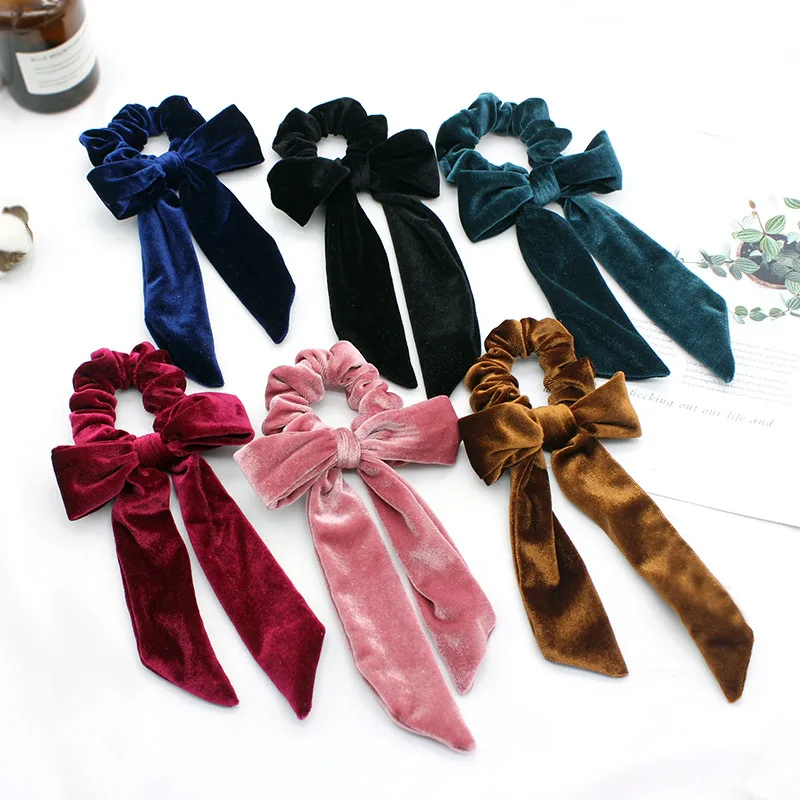 

9 Colors Modis Long Bow Streamers Hair Ring Ribbon Girl Elastic Hair Bands Velvet Scrunchies Tie Headwear Women Hair Accessories