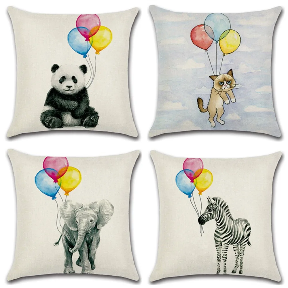 

YWZN Cute Cartoon Balloon Elephant Pattern Throw Pillow Case Panda Cat Cotton Linen Decorative Pillowcases kussensloop almohada