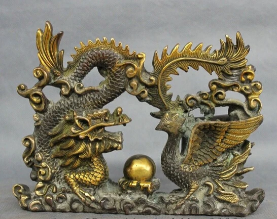 

bi002337 8" Chinese Bronze Gilt Royal Palace Wealth Myth Fly Dragon Phoenix Ball Statue