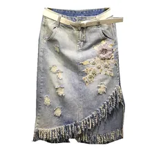 Плюс Цветочные Джинсовые юбки с вышивкой Женская короткая джинсовая юбка-карандаш Женская повседневная юбка