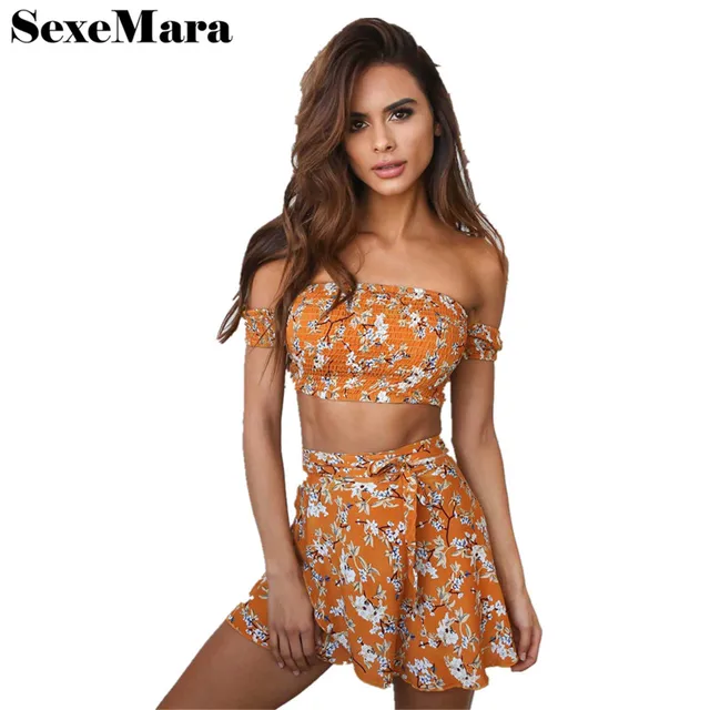 Bohemian Floral Print Beach Two Piece Outfit 2018 Summer Sexy Crop Top And Mini Skirt Set Bohemian Floral Print Beach Two Piece Outfit 2018 Summer Sexy Crop Top And Mini Skirt Set