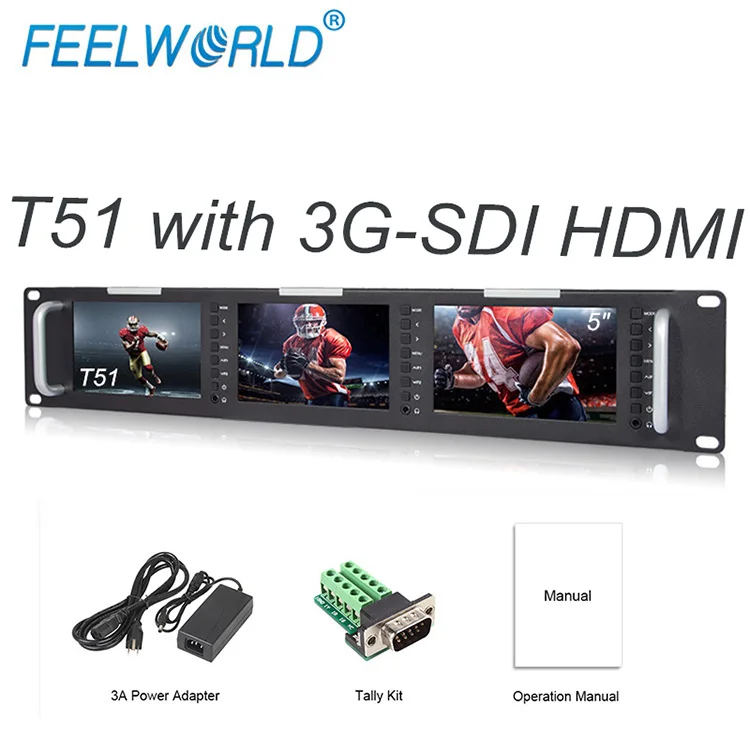 Feelworld T51 тройной 5 дюймов 2RU lcd 3G-SDI HDMI вход выход в стойку монитор вещания уровень качества монитор - Цвет: T51