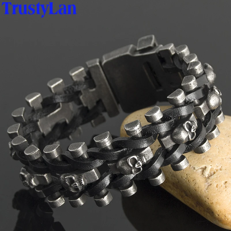 

TrustyLan Masculine Genuine Leather Jewelry Handmade Man Bracelet With Skulls For Rock Retro Party Gift For Gentlemen Dropship