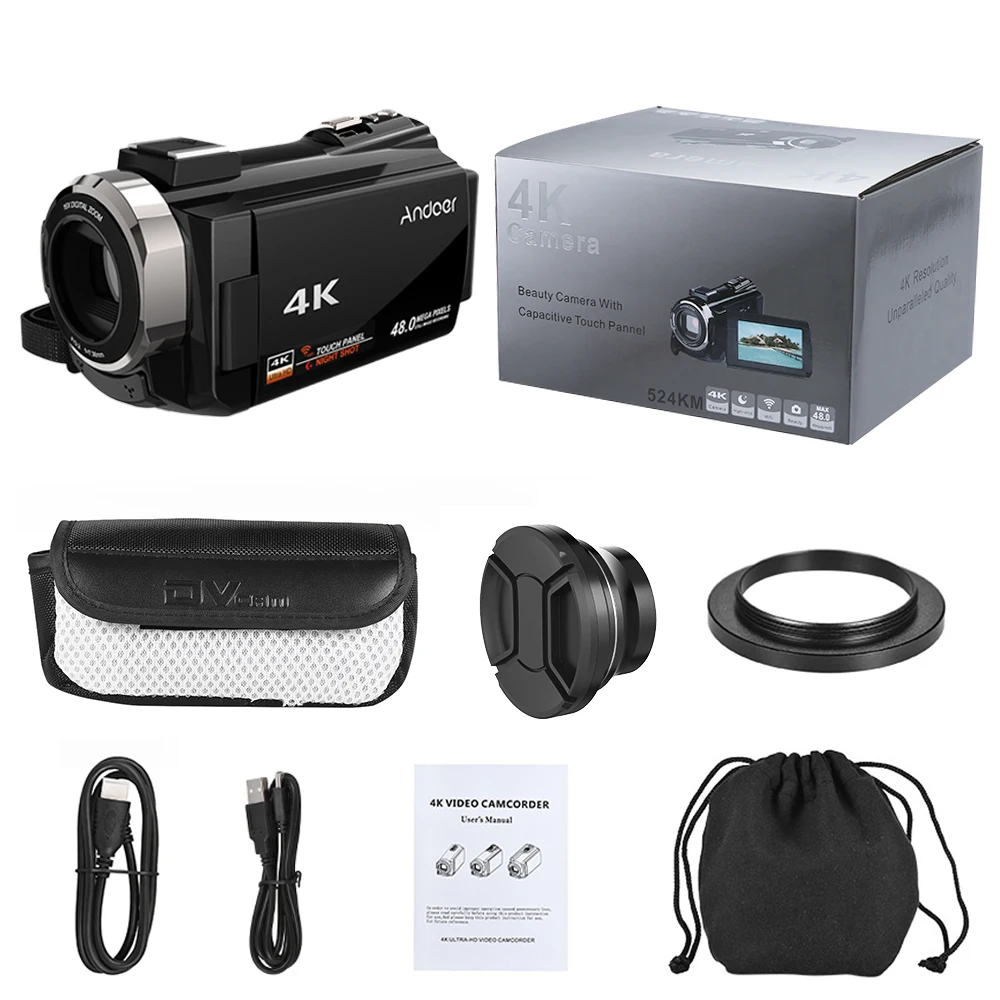 Andoer 4K 1080P 48MP WiFi цифровая видеокамера регистратор w/0.39X Широкоугольный макро объектив сенсорный экран камера ночного видения