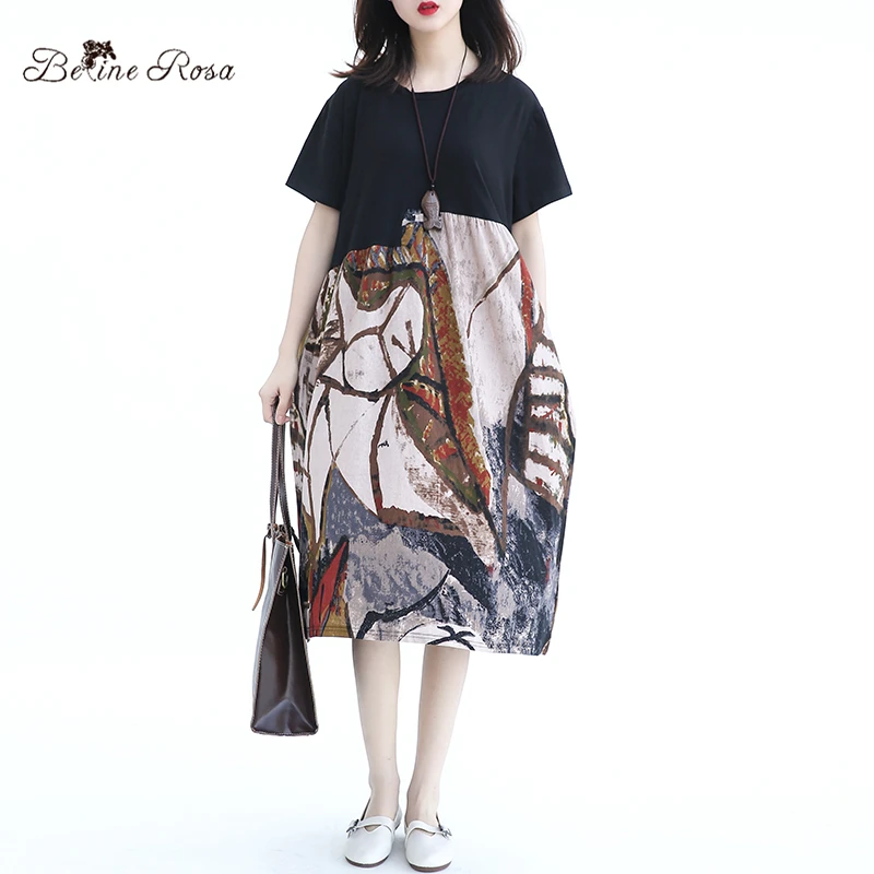 

BelineRosa 2018 Women's Summer T-shirt Dresses European Casual Style Cotton Linen Women Clothing Short Sleeve T-shirts QY000031