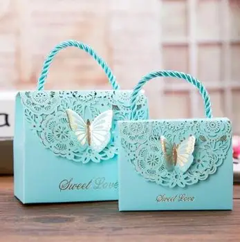 

Blue purple Butterfly Flower Candy paper gift bag with handle Wedding favor Portable Gift paper Box wedding Party Favors