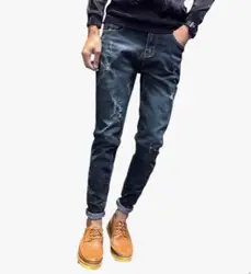 2017 Осень и зима новый прилив мужской корейской вышивка носить Штаны ноги Тонкий Тип джинсы Мужчины нищие длинные штаны
