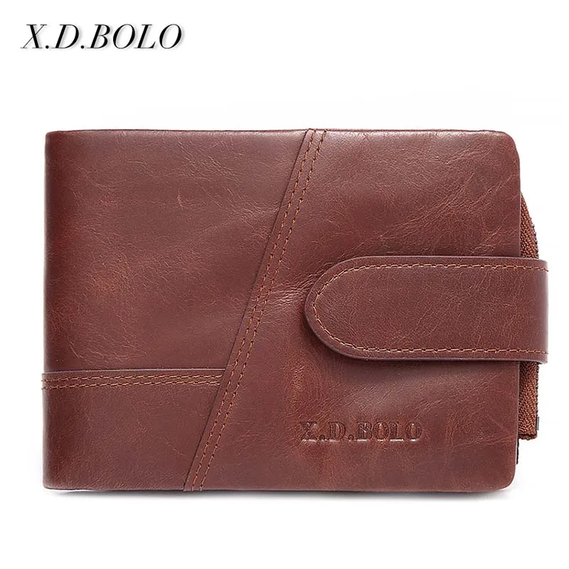 X.D.BOLO Genuine Cowhide Leather Men Wallet Trifold Wallets Fashion Design Brand Purse ID Card Holder With Zipper Coin Pocket - Color: Tan