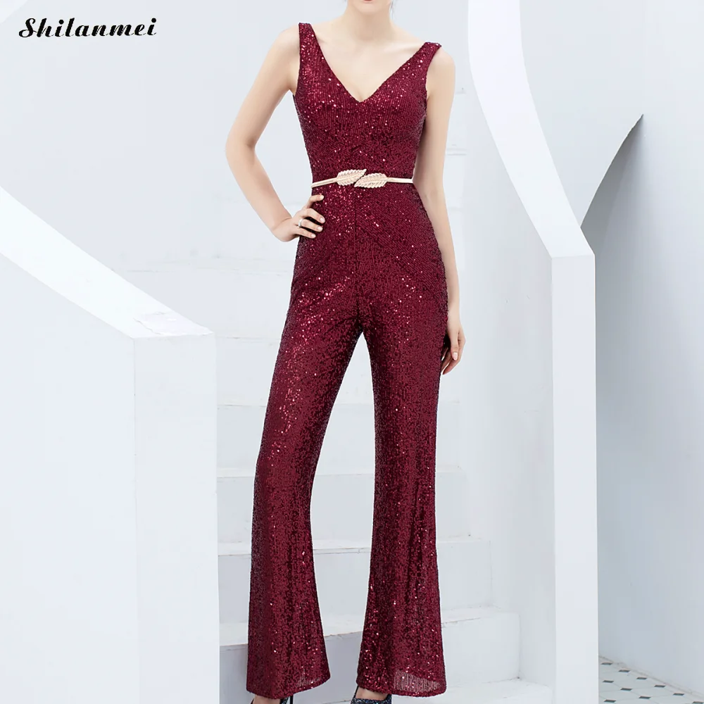 Sparkly Sequined Sequined Women Summer Sexy Deep V-Neck Club Party Long Playsuits Sleeveless Backless Elegant Romper Femme